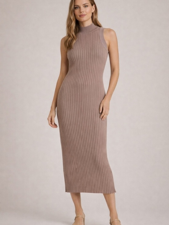 Zara Dresses & Skirts - Zara Ribbed Knit Midi Dress Sleeveless Mock Neck Taupe XS S Minimalist Coastal